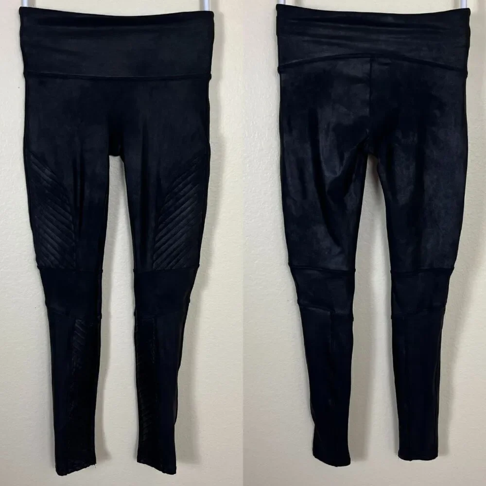 Spanx Women's Size M Black Faux Leather Moto Seamless Leggings Biker Modern